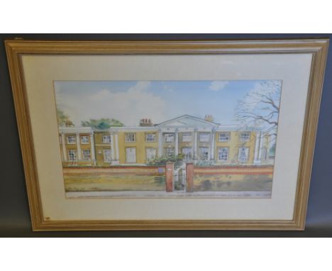 Watercolour on paper of Garrick's Villa, Hampton, signed Ann Raby 1987 lower left, 33.5 x 54.5cm, with associated exhibition 