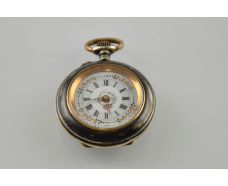 A Victorian ladies' white metal pin fob watch, the enamel dial with Roman numerals and ornate floral decoration, Dia. 3.8cm (