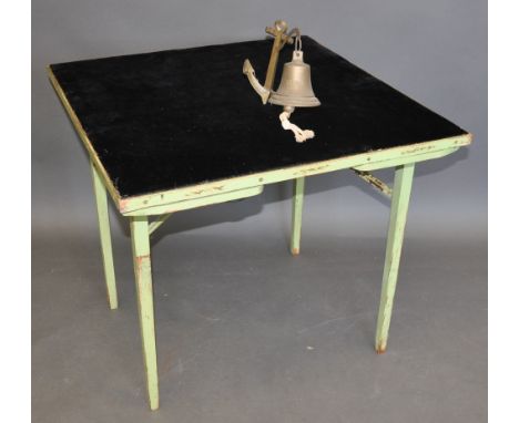 An early twentieth Century Continental card table with integrated swivel counter/drinks trays, the original pale green paint 