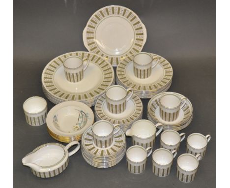 A Susie Cooper 'Persia' pattern dinner service, comprising 7 dinner plates, 8 small plates, 10 side plates, 5 soup bowls, 1 p