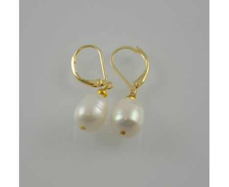 A pair of natural pearl drop earrings with 14ct gold mounts