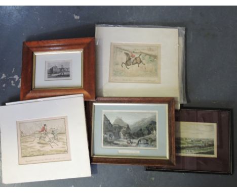 A set of three unframed Victorian coloured hunting prints together with five Victorian landsape prints and an unframed theatr