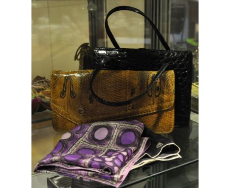 A Pierre Cardin snakeskin clutch together with a black vintage crocodile handbag and two scarves