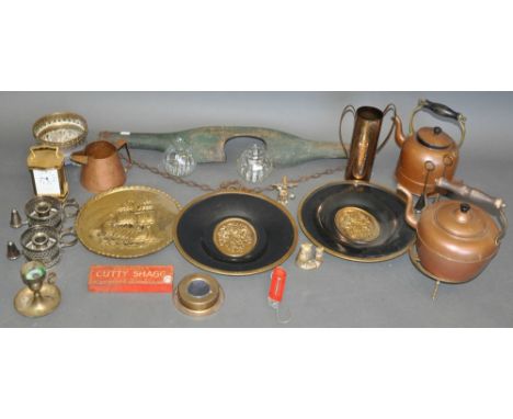 A miscellaneous quantity of brass, copper, and plated ware, etc., together with a vintage milk maid's yoke