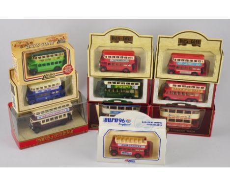 Ten various 1980s/1990s die-cast model trams/buses, comprising seven Lledo Days Gone examples, three Matchbox Models of Yeste