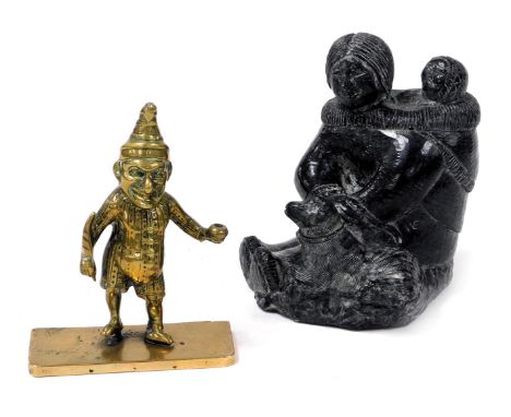 Victorian brass desk stand of Mr Punch, modelled in standing pose, with inkwell and quill, raised on a rectangular base, 14cm