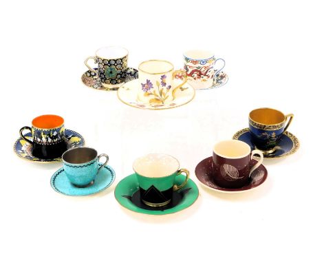 A group of 19thC and later coffee cans and saucers, porcelain and pottery, including Mintons, Crown Derby, Carltonware, Crown