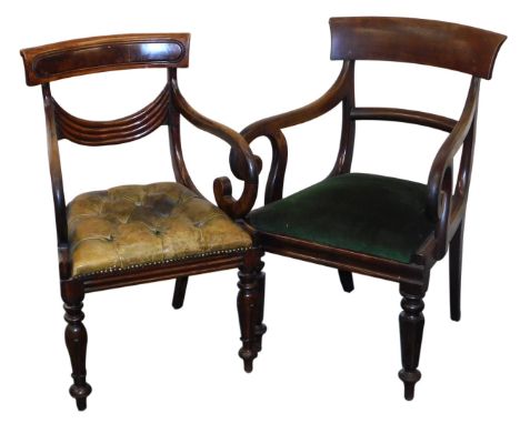 A Regency mahogany carver chair, with button tan leather seat, raised on turned and lappet carved legs, 51cm wide, and a furt