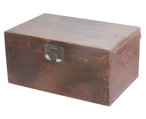 A Chinese red stained trunk, with twin carrying handles and brass lock plate, 34cm high, 70cm wide, 45cm deep. 
