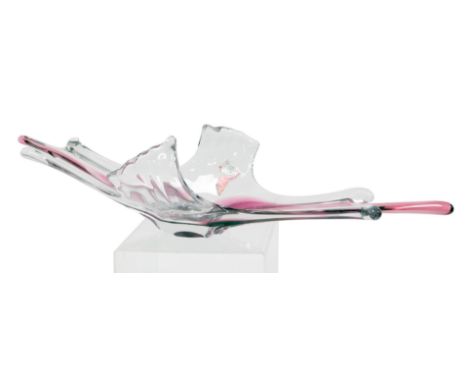 A late 20thC Val St. Lambert Art glass dish, of abstract form, with cranberry central streaking, 73.5cm wide.