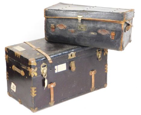 A Victorian tin metal and brass bound cabin trunk, 56cm high, 97cm wide, 51cm deep, and a canvas and leather bound trunk with