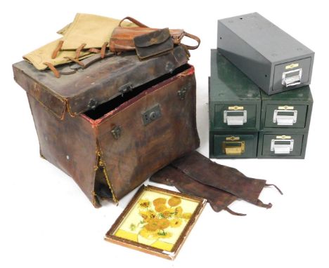 A leather trunk, named for EA Paul, 41cm high, 45cm wide (AF), together with leather gator's, handbag, and five Criterion met