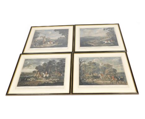 After John Nost Sartorius (British, 1759-1828). Hunting, coloured engravings, plates I-IV, Brushing into Cover, The Chase, At