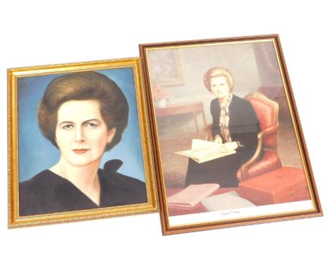 A large framed and glazed limited edition print, of Margaret Thatcher bearing her signature, number 329/850, and a framed acr