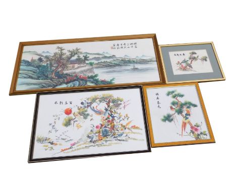 A Chinese silk work picture of pheasants in a pine tree, 39cm x 33cm, further picture on silk of peacocks in a tree, 31cm x 2