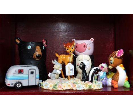 Five resin figures, Bambi, Enesco Black Bear planter, etc 