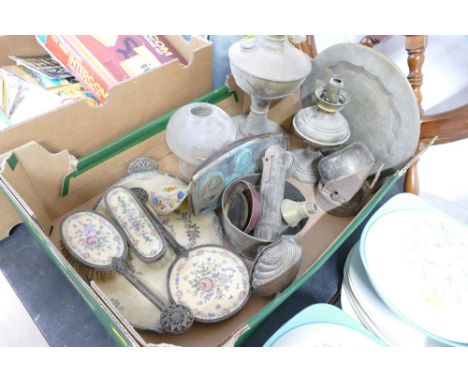 Box of vintage metal wear, oil lamps, dressing table set, etc 