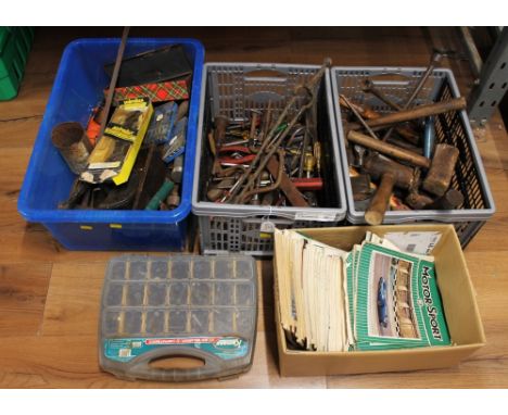Four boxes of hand tools, nuts and bolts and vintage Motor Sport magazines  