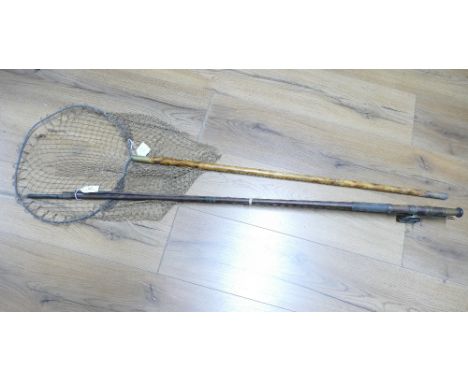 Vintage wooden and brass fishing rod and landing net 