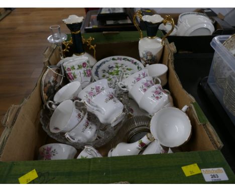 Box of part tea sets, glass fruit bowl, Royal Worcester herb plates, Sylvac ceramics, bud vases etc 