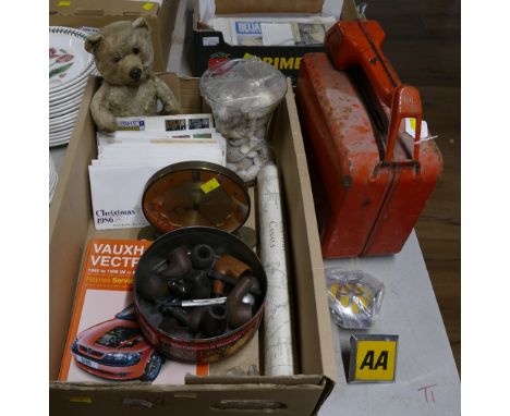 Vintage petrol can, antique Teddy bear, First Day covers, country canal posters, box of pipe parts, AA card badges and Smiths