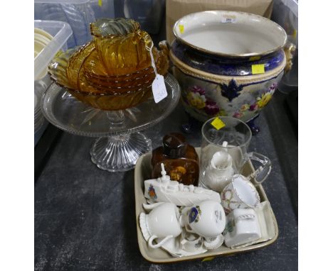 Floral ceramic planter, glass tazza, orange glass dessert set, crested ware, baking tray etc 