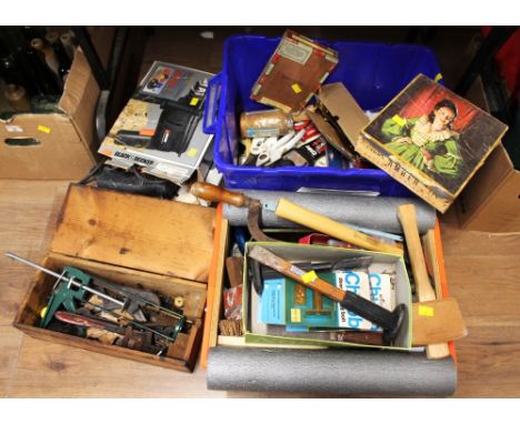 Boxes of hand tools, gardening equipment, door furniture, pliers, Black & Decker hammer drill and Proline heat gun