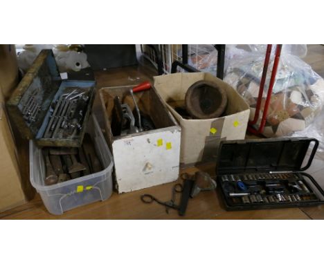 Three boxes of vintage hand tools, socket sets, spanners, Spong meat grinder etc 