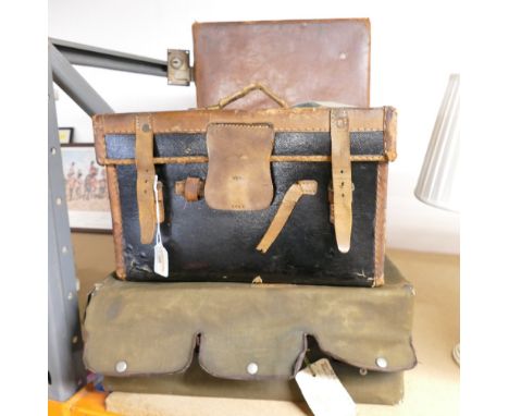 Two vintage suitcases, one with canvas liner, and small black travel trunk monogrammed AF
