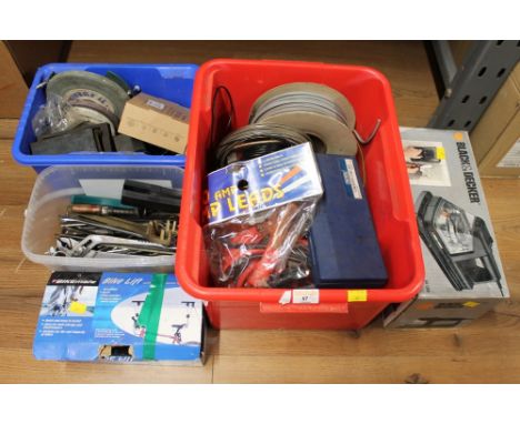 Five boxes of hand tools, rolls of cable, jump leads, Bike Mate bike lift and Black & Decker wall paper striper 