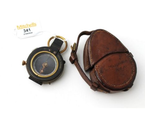1918 First World War compass with leather pouch, marked Case Royal Field Artillery 