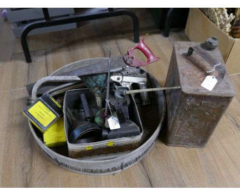 Soil sifter, vintage hands saws, oil cans, oil pourers, petrol canister etc 