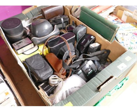Box of vintage camera equipment including Zenitr Olympus Mju Acosmic Symbol, Kodak Junior folding camera etc 