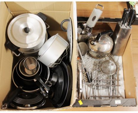 Two boxes of kitchenware, pans, cutlery, kettle, knife block and knives   This bladed lot is not for sale to people under the