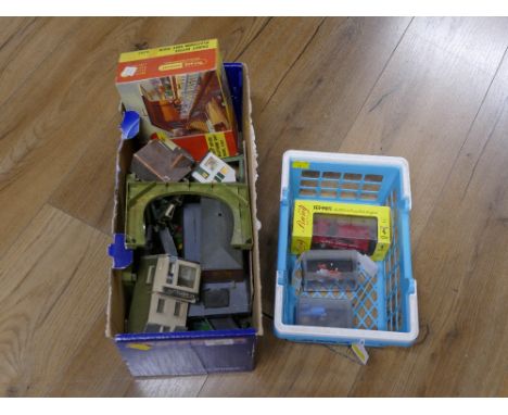 Two boxes of vintage trackside railway accessories and boxed toy vehicles