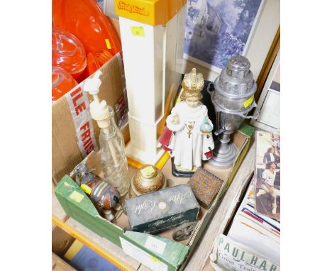 Vintage soda stream, plaster religious figure, Beatles single, model carriage wheels, cocktail shaker, bell etc 