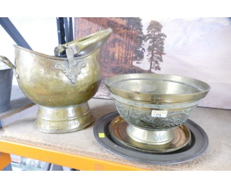 Brass coal helmet, oriental brass bowl decorated with birds, diameter 30 cm, two Indian brass trays and pewter plate