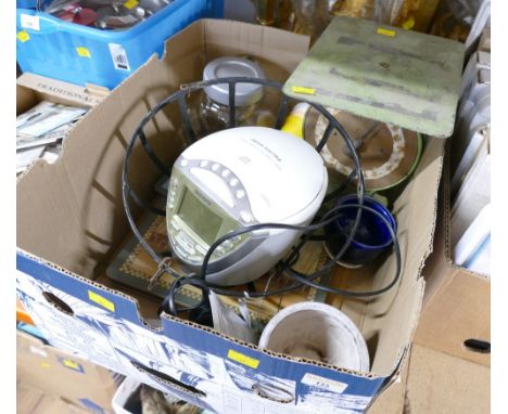 CD clock radio, hanging basket, clock, storage jar, table mats, Salter scales 
