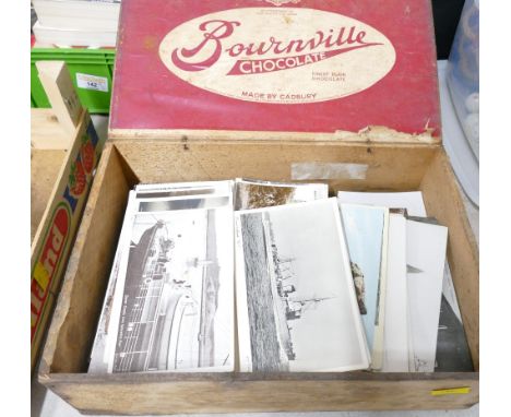 Vintage wooden Bournville Chocolate crate containing postcards