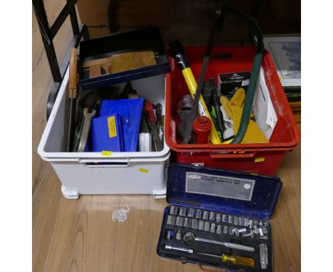Two boxes of hand tools, saws, steering lock etc 