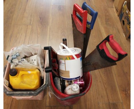 Two buckets of hand tools, paint, DIY equipment, sockets etc  