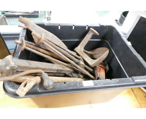 Box of vintage tools, shoe lasts etc
