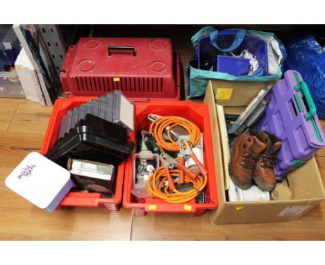 Pet carrier and four boxes of tools, jump leads, mouse traps, clothesline, shoes, shredder etc