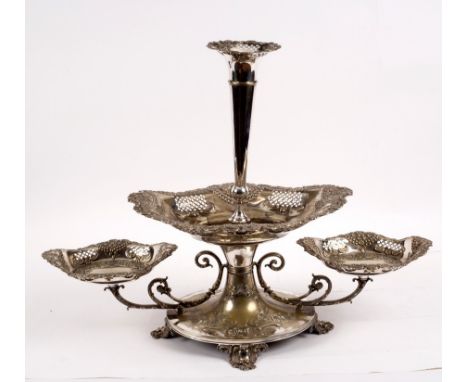 An Edwardian silver plated epergne, Mappin &amp; Webb, 'Prince's Plate', surmounted by a trumpet shaped vase to a central ova