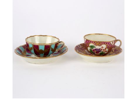 A Worcester pink scale ground teacup and saucer, circa 1765-70, blue crossed swords and 6 mark, painted with exotic birds and