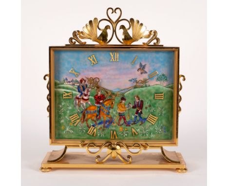 A rare 1960s gilt brass keyless striking mantel clock, Imhof, No 260423, the enamel dial with a Medieval falconry scene and r