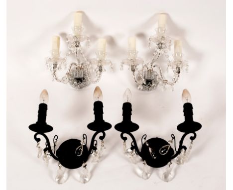 A pair of three-branch, three-light wall lights hung prismatic drops and a pair of two-light wall lights, hung drops