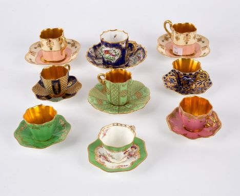 Nine Copeland demitasse cabinet cups and saucers (one damaged)   CONDITION REPORT: One cup with a chip and several sections b