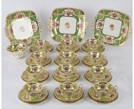 A Coalport green ground part tea service, circa 1900, printed green marks and painted with roses and baskets of flowers, comp