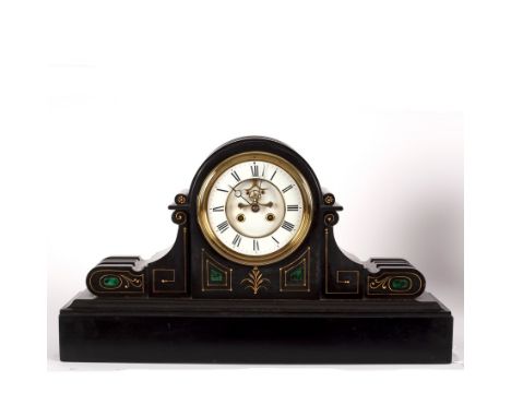 A Victorian black slate mantel clock with eight-day movement, 59.5cm wide